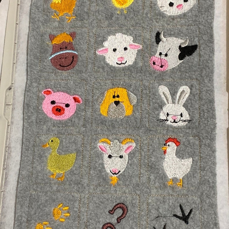 Memory game "FARM" machine embroidery design In the hoop embroidery ITH project for hoop 4x4, 5x7, 6x10 kids match game farm animals faces image 4