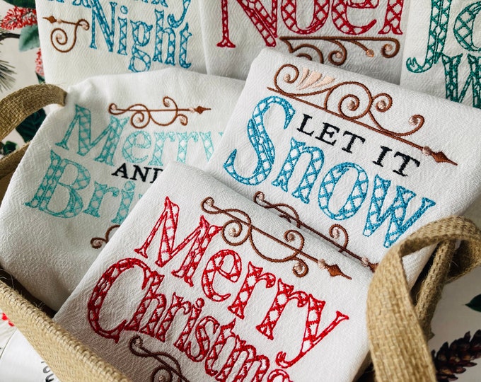 Merry Christmas quote saying SET of 6 machine embroidery designs for hoop 5x7, Let it Snow, Merry and Bright, Joy to the World, Holy Night