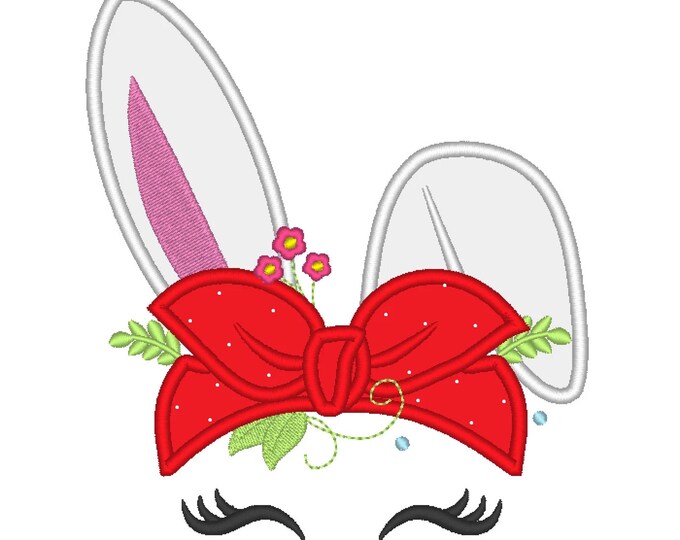 Summer Bunny Pretty Eyes with Bandanna bunny head Applique machine embroidery designs Easter bunny kids girls sizes 4 up to 6.5 inch