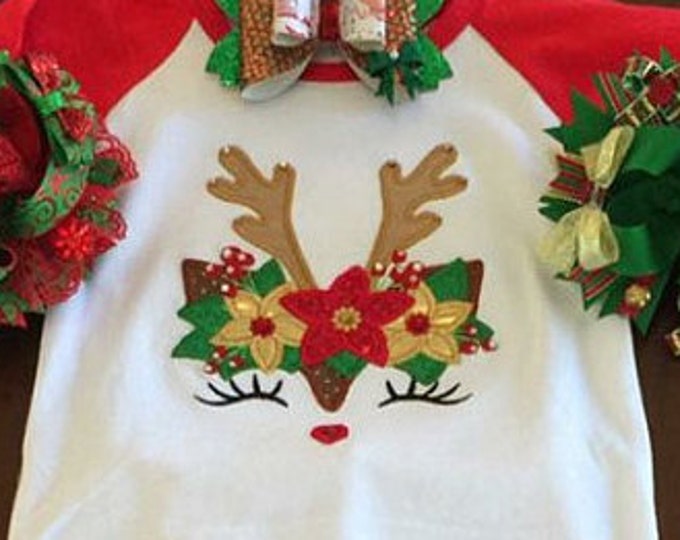 Christmas Deer head with floral crown applique machine embroidery designs deer face Merry Christmas