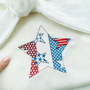 Patchwork Patriotic Star outline US flag stars and stripes patterned machine embroidery designs sizes 4 up to 8 inch 4th of July design