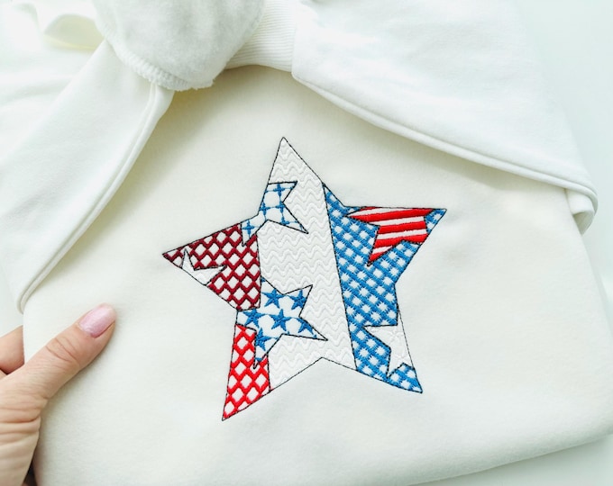 Patchwork Patriotic Star outline US flag stars and stripes patterned machine embroidery designs sizes 4 up to 8 inch 4th of July design