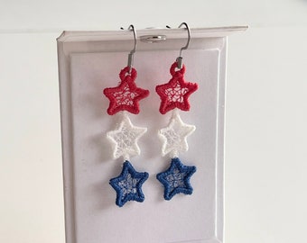 Patriotic Stars dangle earrings ITH in the hoop FSL freestanding lace machine embroidery design size 2 inches Independence Day girl earrings