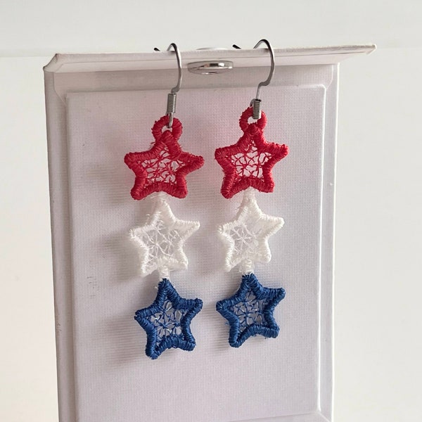 Patriotic Stars dangle earrings ITH in the hoop FSL freestanding lace machine embroidery design size 2 inches Independence Day girl earrings