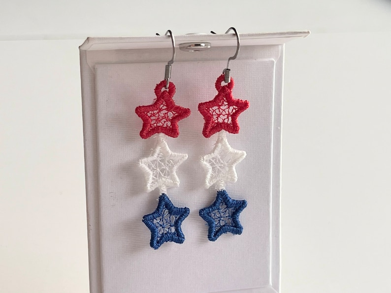 Patriotic Stars dangle earrings ITH in the hoop FSL freestanding lace machine embroidery design size 2 inches Independence Day girl earrings by Artapli embroidery format PES HUS JEF EXP DST VIP VP3 XXX instant download