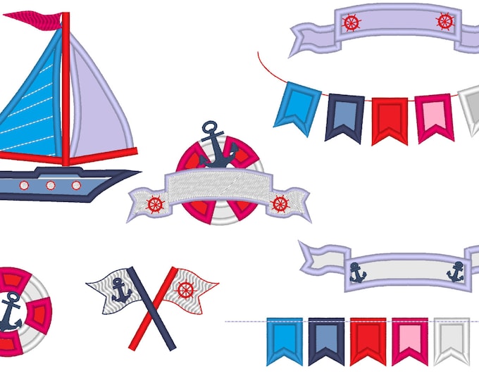 Nautical theme machine embroidery designs SET of 8 applique and fill stitch size 4x4, 5x7, 6x10 seaside ship anchor wheel banner flags boat