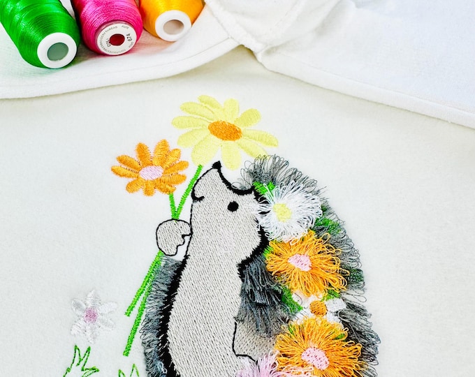 Cute Fringed Fluffy Hedgehog with flower stem Floral Fringe machine embroidery designs kids girls t-shirt fuzzy design sizes 4 up to 6 inch