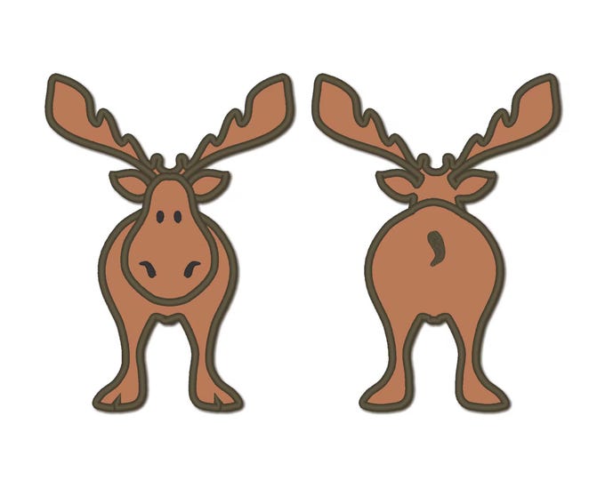 Front and back cute Elk Moose big Deer Applique machine embroidery designs sizes for hoop 4x4, 5x7 and 6x10 funny animal wild Moose