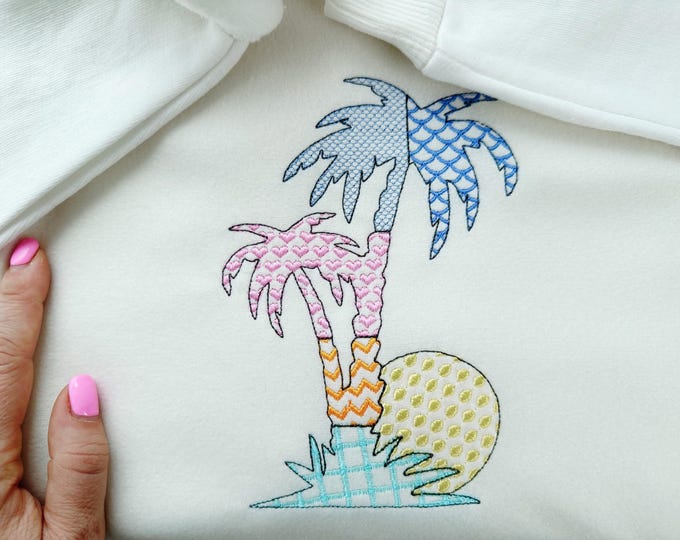 Patchwork Palm Tree silhouette outline patterned Palm summer beach machine embroidery designs sizes 4 up to 9 inch for hoop 4x4 5x7 6x10