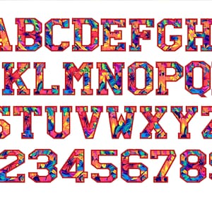 May include: A colorful alphabet and numbers with a floral pattern inside each letter and number. The letters and numbers are outlined in red.