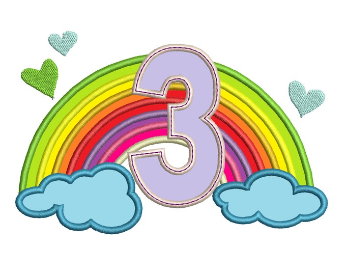 Cute Rainbow Birthday Number 3 three only machine embroidery applique designs, sizes 5, 6and 7 inches INSTANT DOWNLOAD