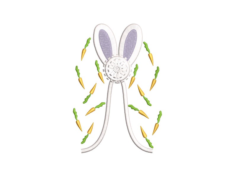 May include: White bunny ears with a purple center and a white circle with a floral design.  The ears are surrounded by a ring of small orange carrots with green tops.