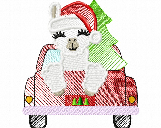 Sketch light stitch Llama Alpaca on Red Truck back Station wagon with Christmas tree light machine embroidery designs cute Lama Santa hat