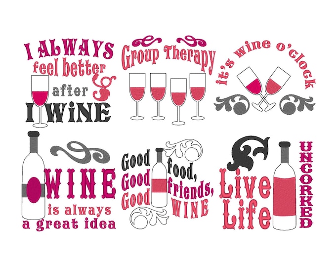 Wine quotes... awesome wine bottle bag embroidery mini designs SET of 6 types machine embroidery designs for hoop 4x4 wine saying quote