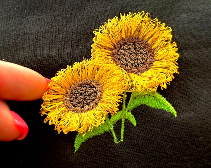 Two Sunflowers Fringed Flower Fluffy Fringe Sunflower machine embroidery designs Summer field Floral Bouquet mini sizes 2, 2.5, and 3 inch