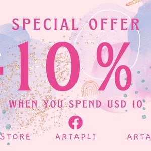 May include: Pink and blue watercolor background with gold glitter. A pink flamingo illustration with the text "SPECIAL OFFER -10% WHEN YOU SPEND USD 10". The text "YOUARETHEBEST" is in a white box with a gold arrow pointing down. The text "promo code" is above the box. The text "www.ARTAPLI.STORE ARTAPLI ARTAPLI.ETSY.COM" is at the bottom of the image.