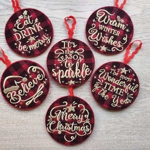 Tartan Plaid Gingham Christmas tree ornaments decoration SET of 6 machine embroidery designs for hoop 4x4, 5x7 ITH feltie easy project