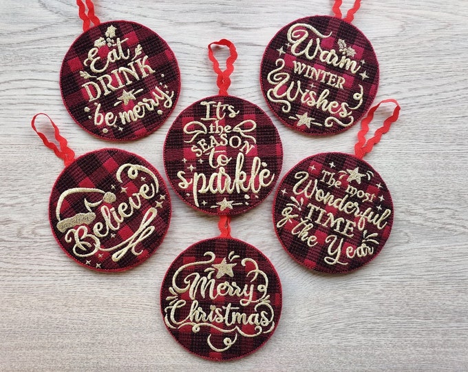 Tartan Plaid Gingham Christmas tree ornaments decoration SET of 6 machine embroidery designs for hoop 4x4, 5x7 ITH feltie easy project