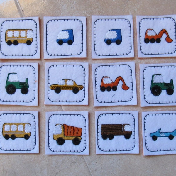 Memory game "Cars" In The Hoop machine embroidery designs ITH project INSTANT DOWNLOAD hoop 4x4, 5x7, 6x10 children matching toy car truck