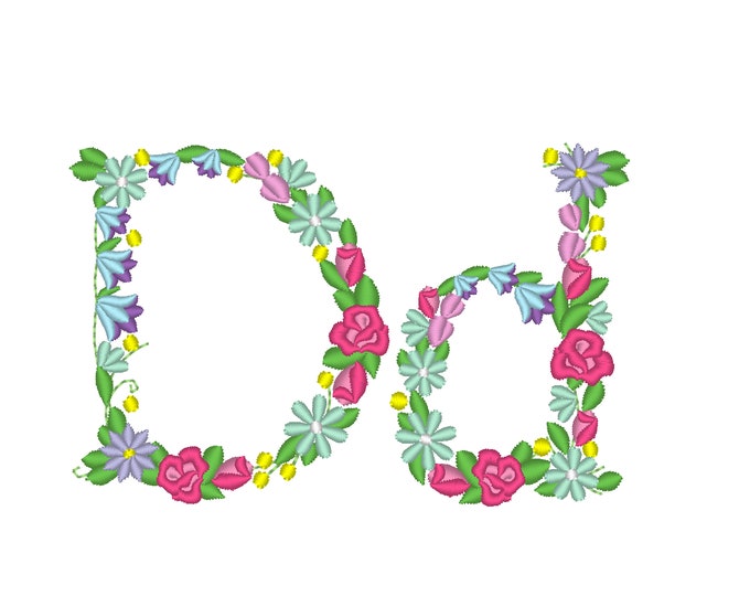 Meadow Bluebell Rose Floral letter D monogram flowers flower flowered machine embroidery designs sizes 2, 3 and 4 inches