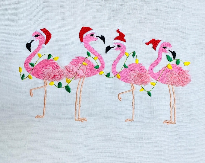 Christmas Flamingoes row Fluffy bird Santa hat Fringed Flamingo in the row machine embroidery designs kids sweater outfit hoodie design