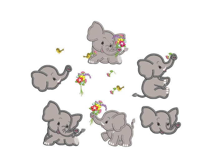 Big SET of Little Elephant with a flower bird butterfly Applique Machine Embroidery Designs sizes for hoop 4x4 and 5x7 kids baby boys girls