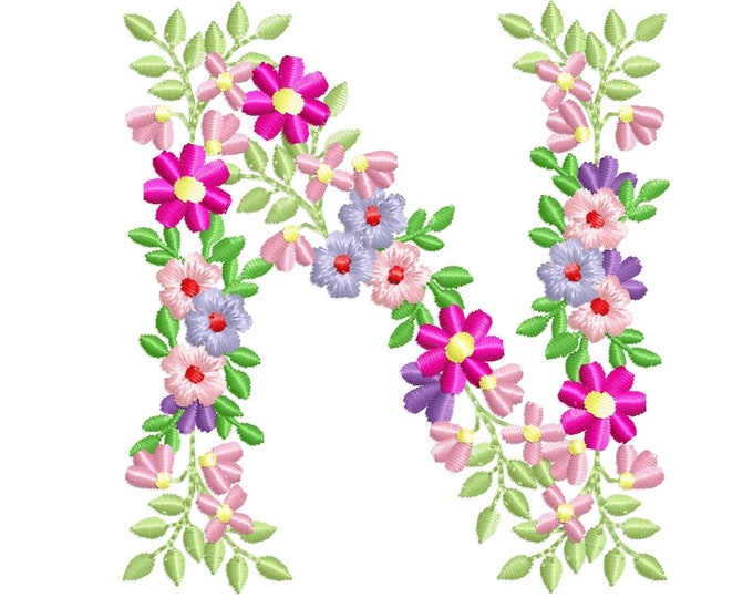 Country Floral letter N garden flag monogram flowers flower flowered Font machine embroidery designs monogram N only 3,5, 4, 5, 6, 7, 8 in