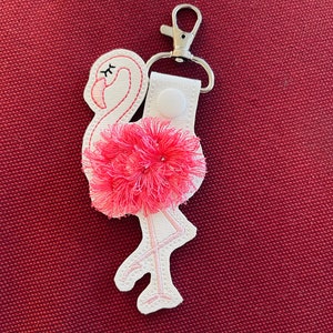 Fringed Flamingo key fob snap tab in the hoop machine embroidery designs pretty bird ITH project keyfob key tab keychain kids girl bag tag image 2