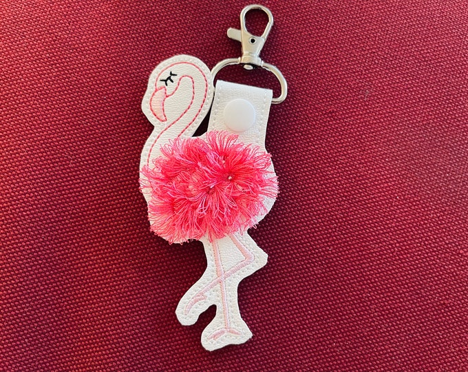 Fringed Flamingo key fob snap tab in the hoop machine embroidery designs ITH project keyfob key tab keychain fluffy Pink Bird kids bag tag