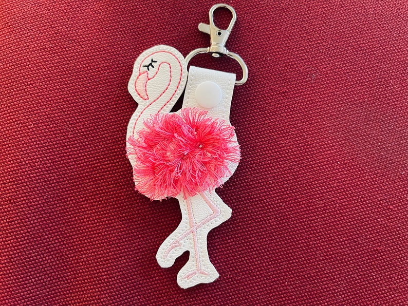 Fringed Flamingo key fob snap tab in the hoop machine embroidery designs pretty bird ITH project keyfob key tab keychain kids girl bag tag image 2