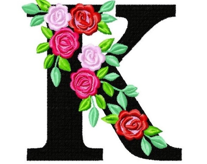 Roses floral Individual letter K garden flag monogram roses crown flowers flower Font machine embroidery design 2, 3, 4, 5, 6, 7, 8 in