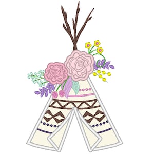 May include: A white teepee with a brown and black geometric pattern, topped with a floral arrangement of pink roses, yellow flowers, and purple and green leaves.