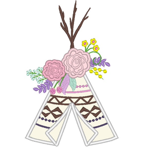 Roses crown Tepee Teepee Tipi with floral flower rose crown cute applique machine embroidery designs assorted sizes for hoop 4x4, 5x7, 6x10