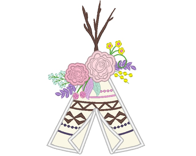 Roses crown Tepee Teepee Tipi with floral flower rose crown cute applique machine embroidery designs assorted sizes for hoop 4x4, 5x7, 6x10