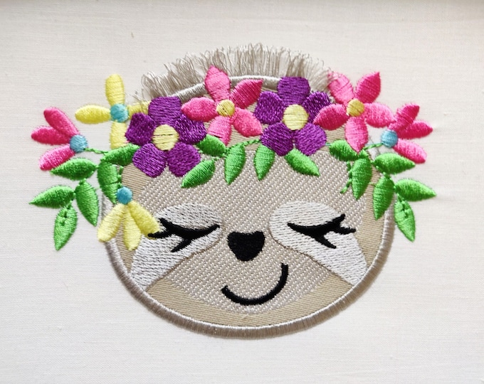 Pretty sloth face head, sloth with floral crown applique fringed hair, pretty eyes ITH In the hoop machine embroidery designs assorted sizes