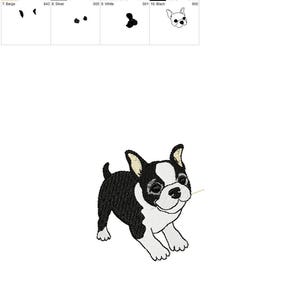 May include: An embroidered design of a Boston Terrier dog in black and white. The dog is depicted in a playful pose, with its head tilted and a small detail suggesting a blade of grass or a similar object in its mouth. The design is suitable for embroidery projects.