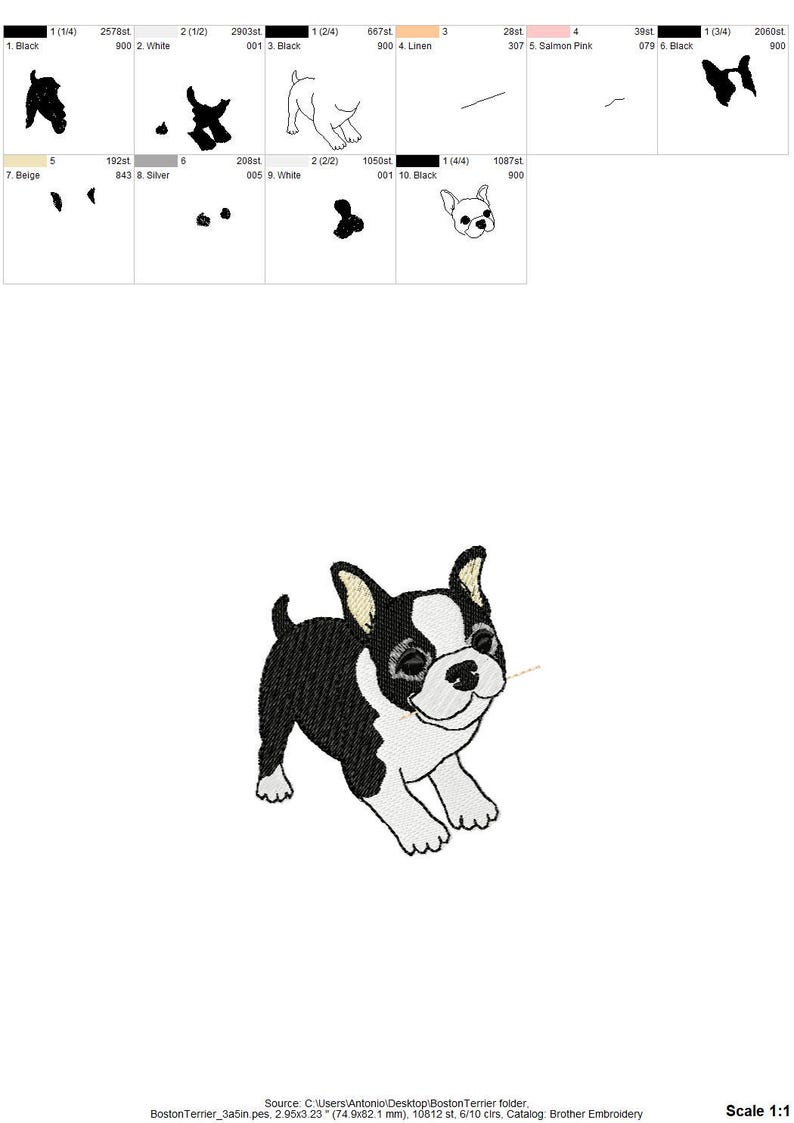May include: An embroidered design of a Boston Terrier dog in black and white. The dog is depicted in a playful pose, with its head tilted and a small detail suggesting a blade of grass or a similar object in its mouth. The design is suitable for embroidery projects.