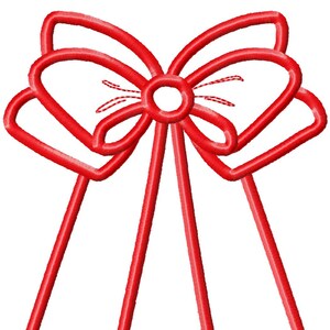 May include: An embroidered bow applique design in red. The bow is made from a single piece of fabric and has a simple, classic shape.