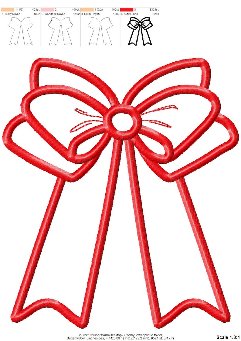 May include: An embroidered bow applique design in red. The bow is made from a single piece of fabric and has a simple, classic shape.
