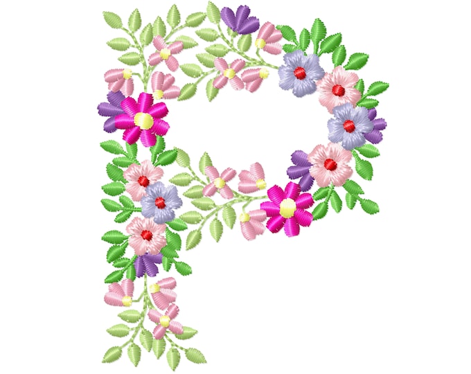 Country Floral letter P garden flag monogram flowers flower flowered Font machine embroidery designs monogram P only 3,5, 4, 5, 6, 7, 8 in