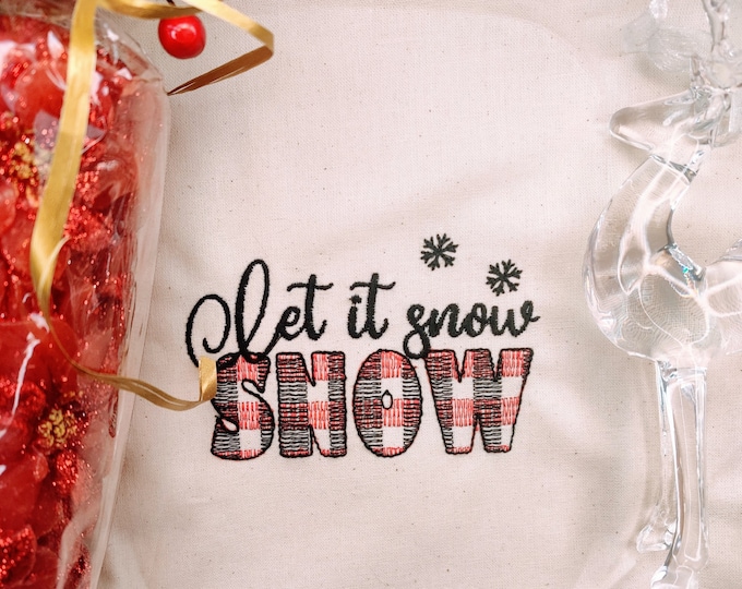 Let it snow Merry Christmas gingham old fashioned classic Kitchen dish towel or pillow quote saying machine embroidery designs 4x4, 5x7