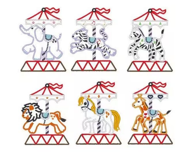 Carousel Set of 6 Applique animal Elephant Giraffe Horse Tiger Lion Zebra kids machine embroidery designs sizes for hoop 5x7 and 6x10