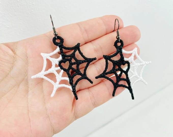 Spiderweb charm earrings FSL freestanding lace machine embroidery designs kids girls Halloween cobweb earrings size 2 in simply in the hoop