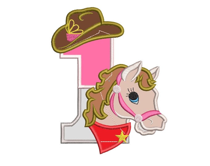 Cowgirl birthday number 1 ONE, only number 1 Farm Girl horse machine embroidery applique designs size 5, 6, 7 inches INSTANT DOWNLOAD