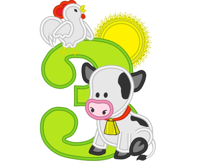 Farm birthday number three 3 with cow and rooster - cute farm theme machine embroidery applique design  5x7