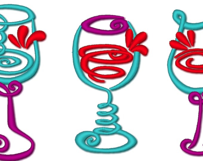 Wine glasses - 3 single glass design,  machine embroidery wine embroidery designs