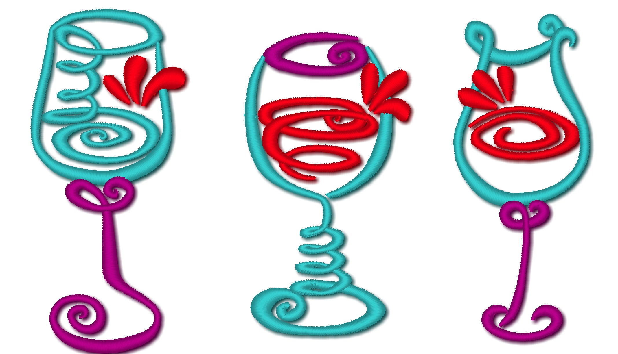 Wine glasses 3 single glass design, machine embroidery wine