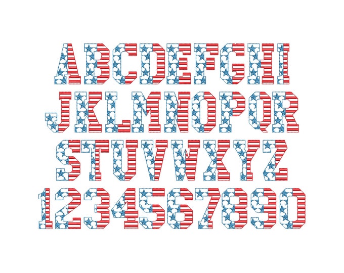 Patriotic block Font Stars and Stripes alphabet light stitch machine embroidery designs monogram letters & numbers 4th July Independence Day