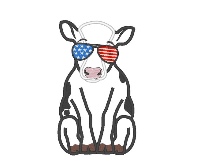 Farm cute heifer cow aviator glasses 4th of July patriotic machine embroidery applique designs, machine embroidery design INSTANT DOWNLOAD