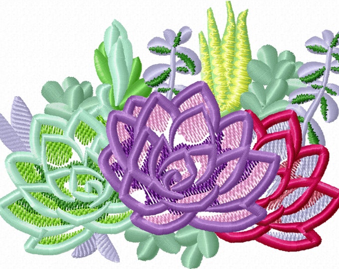 Succulents Succulent flowers bouquet applique machine embroidery design 4, 5, 6 and 7 inches